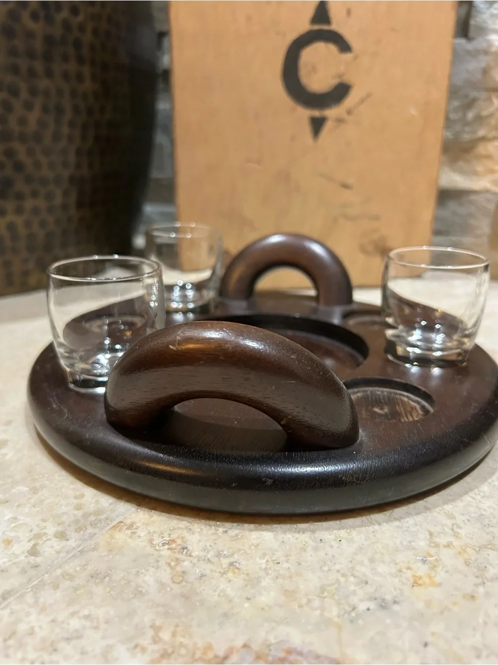 Vintage Wooden Shot Glass and Liquor Bottle Serving Tray Caddy with Handles